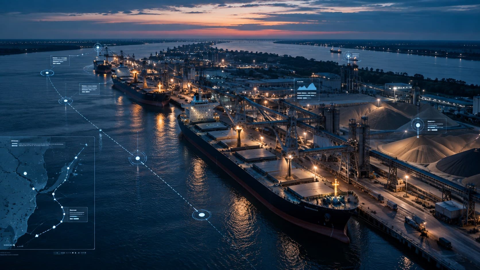 Aerial view of a bulk carrier working cargo at a river port at dusk, with market data overlays